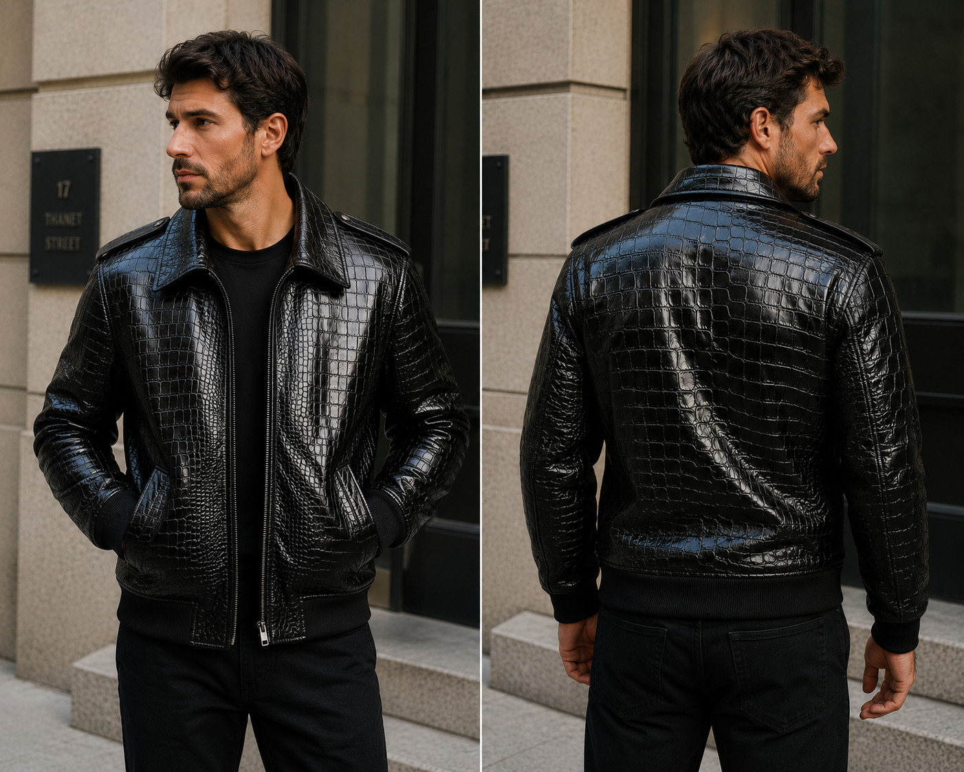 Men’s Black Real Leather Crocodile Embossed Luxury Alligator Print Bomber Jacket