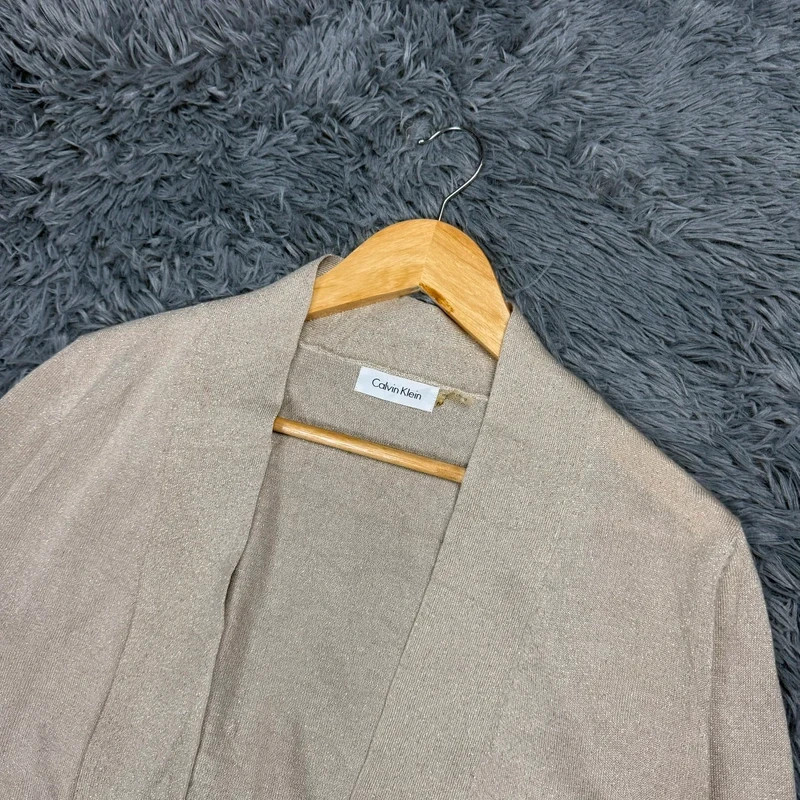 Calvin Klein Metallic Shimmer Open Front Cropped Cardigan Beige Medium M