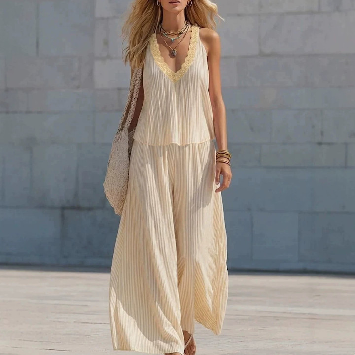 Womens Lace V-Neck Pleated Striped Two Piece Set Loose Wide Leg Pants Suit