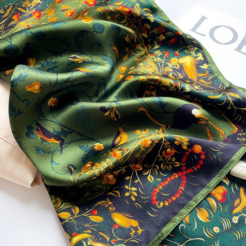 100% Mulberry Silk 20″ Square Scarf Women neckerchief Wrap Birds Print Green