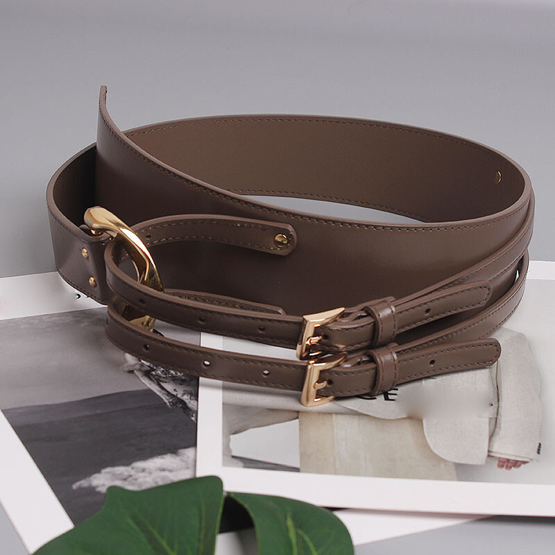 Women Cowhide Leather Corset Belt Double Prong Buckle Wide Decorative Waistband