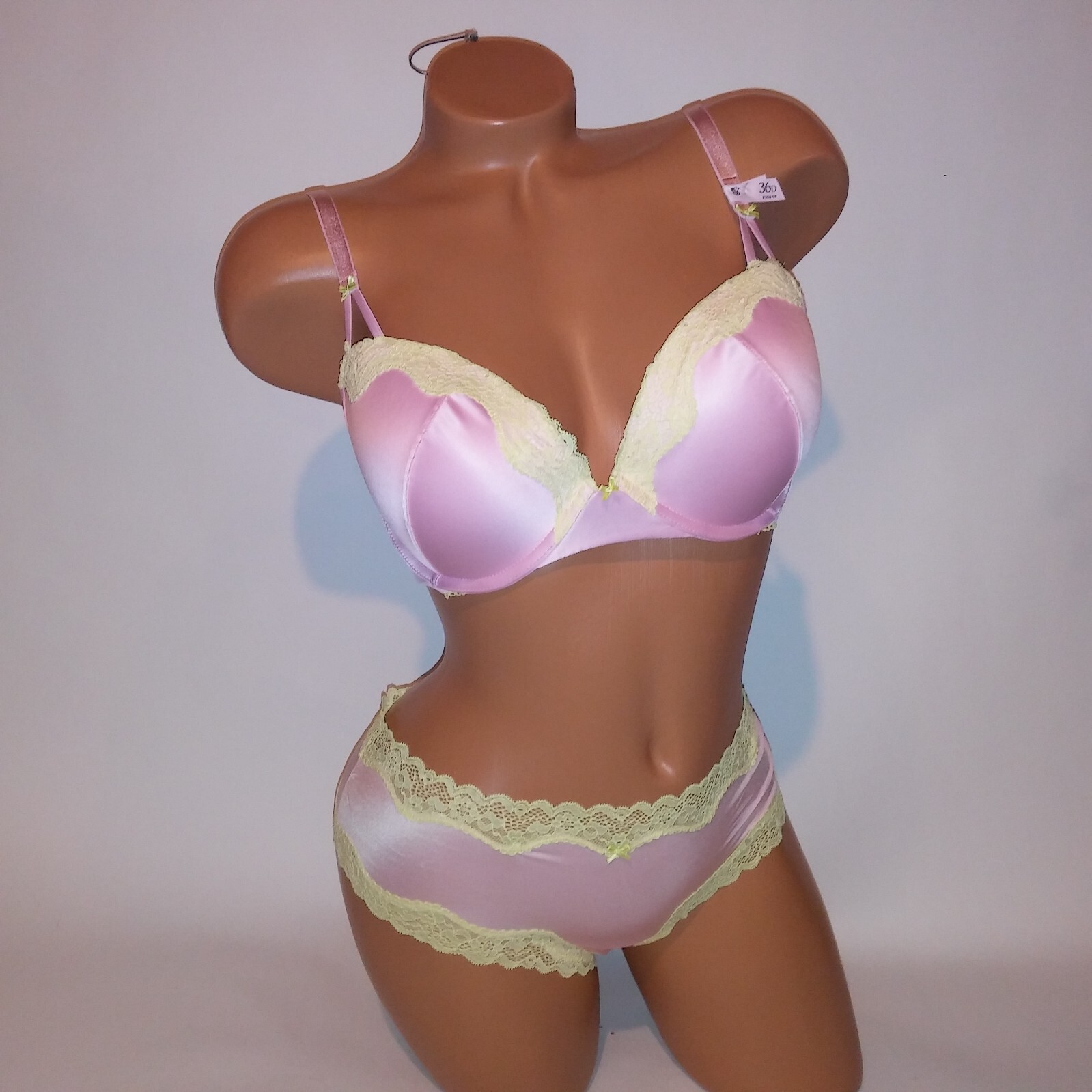 Victoria Secret Bra Set Tease Push Up Cheeky Panty Pink Yellow Lace Trim New