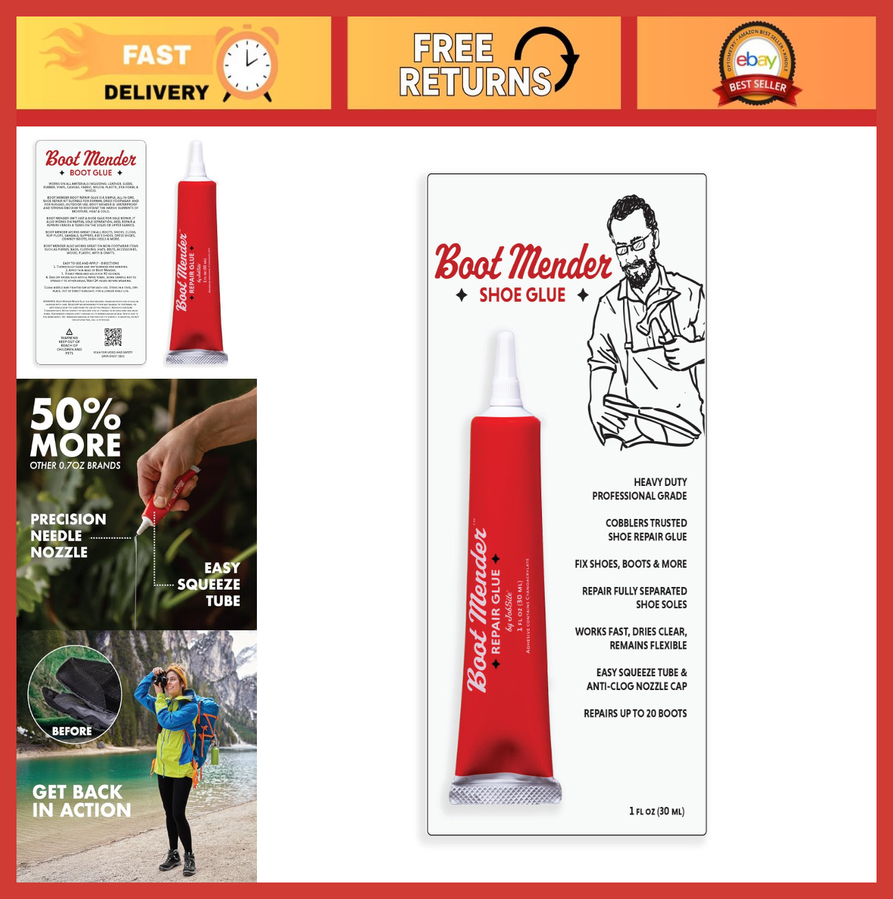 Shoe Glue Sole Repair – Clear Instant Bond, Heavy Duty Adhesive 30g Tube