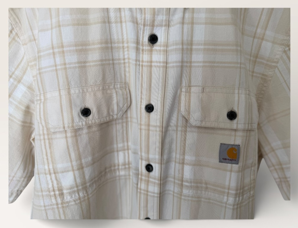 Carhartt Shirt Mens M Beige White Outdoor Button Up Loose Fit Plaid Work Shirt