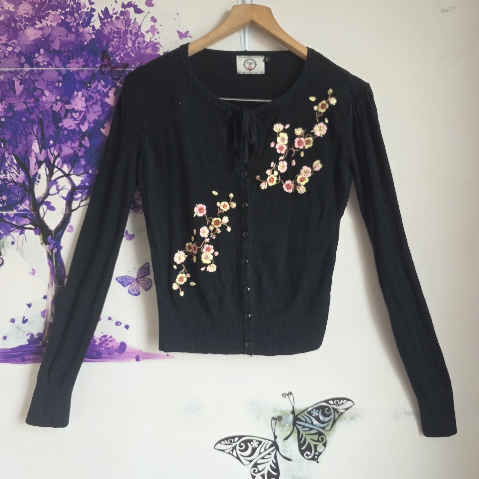 Dancing Days by Banned Retro Cardigan Black Embroidered Floral Blossom 12 14
