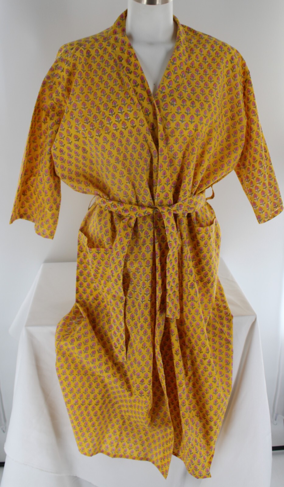 Block Printed 100% Cotton Pool Robe Yellow with Floral Print Chest 44″ Length 48