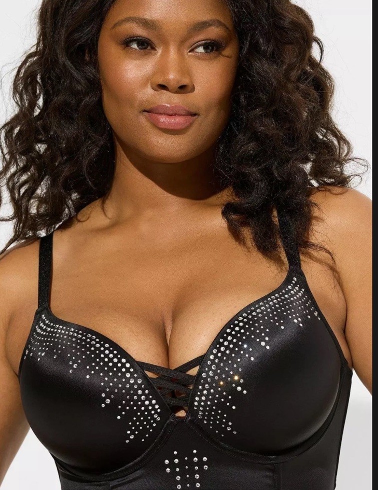 Womens Torrid XO Plunge Push-Up Bra Diamante rhinestone Black Size 50 B