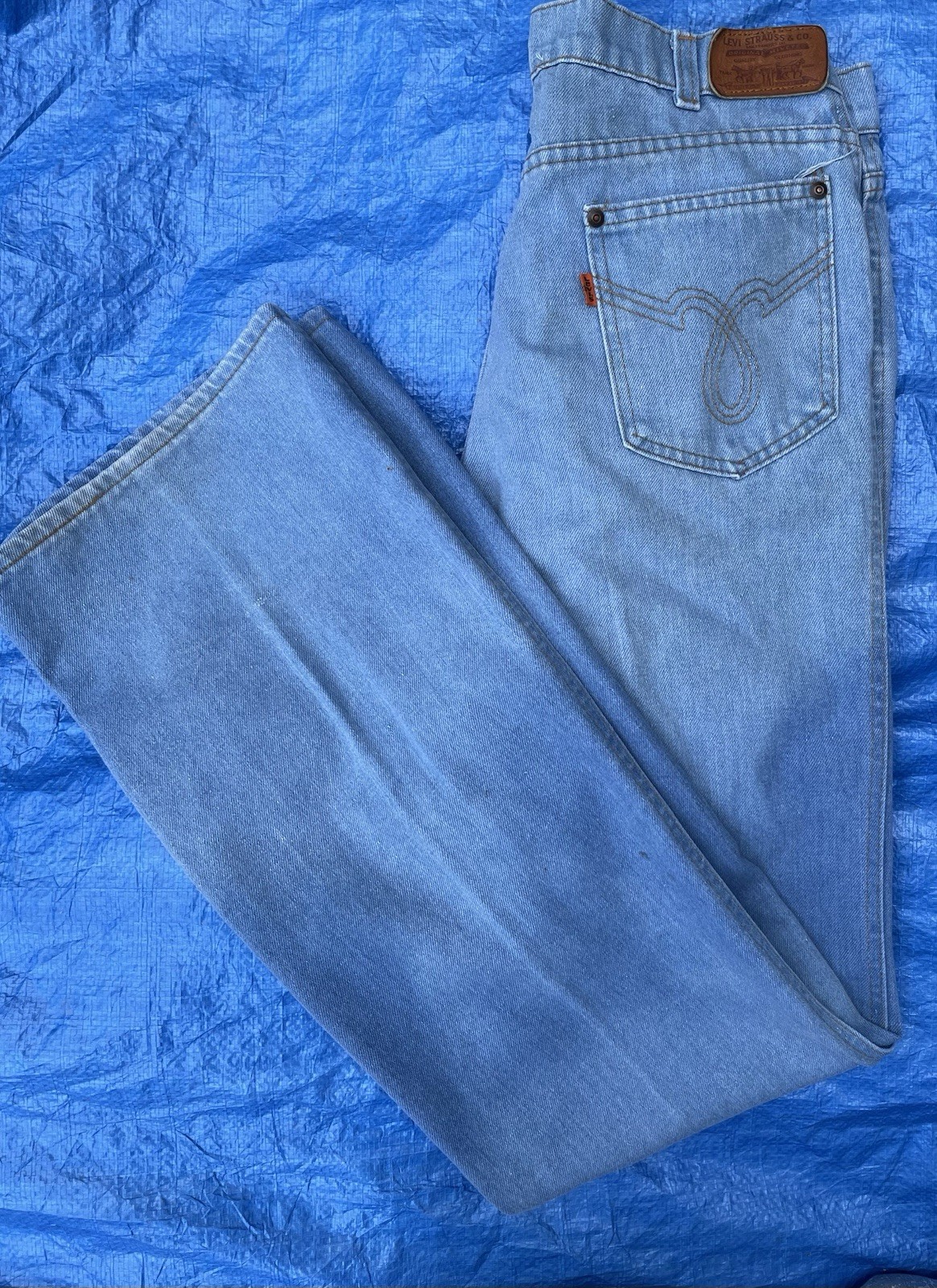 Vintage 1970s Levis Orange Tab Western Cowboy Movin On Jeans Light Wash USA Made