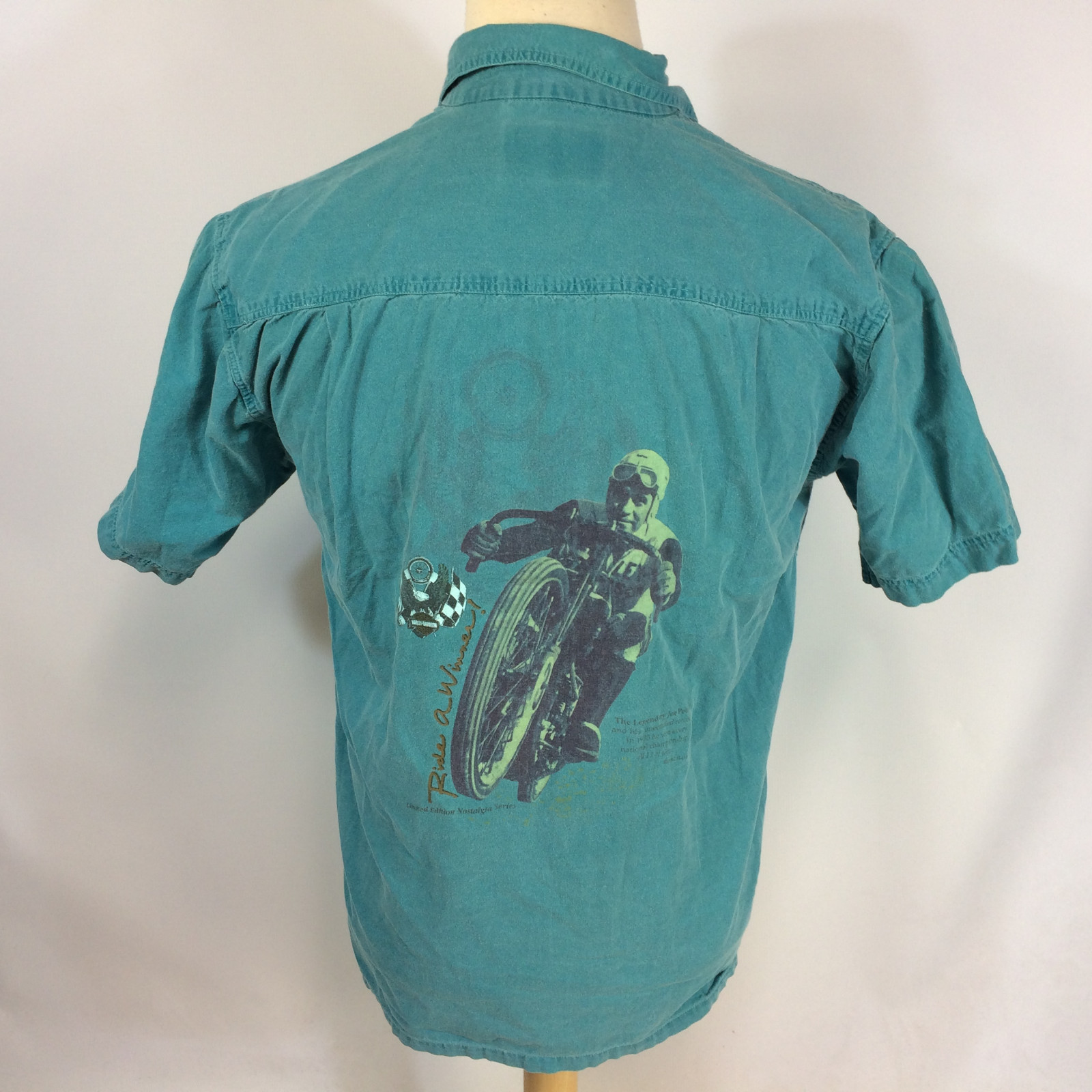 Vintage 80s 90s Harley Davidson Motorcycle Racing Button Shirt Surf Teal M