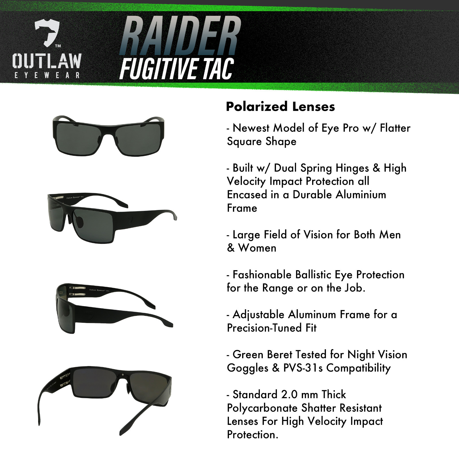 OutLaw Eyewear Raider TAC Polarized Tactical Sunglasses for Men & Women