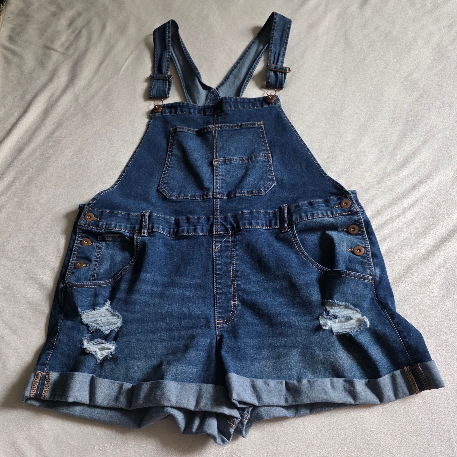 Womens Distressed Denim Shortalls Medium Wash Cuffed Jean Overalls