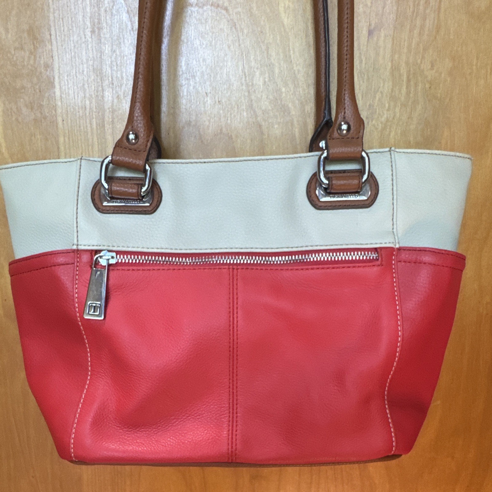 Tignanello Colorblock Tote Bag Red Beige Brown Snap Zip Closure Inner Pockets