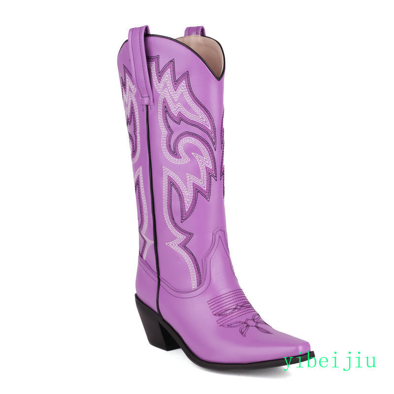 Women’s Western Cowboy Mid Calf Boot Embroidery Sweet Candy Heel Leather Shoes