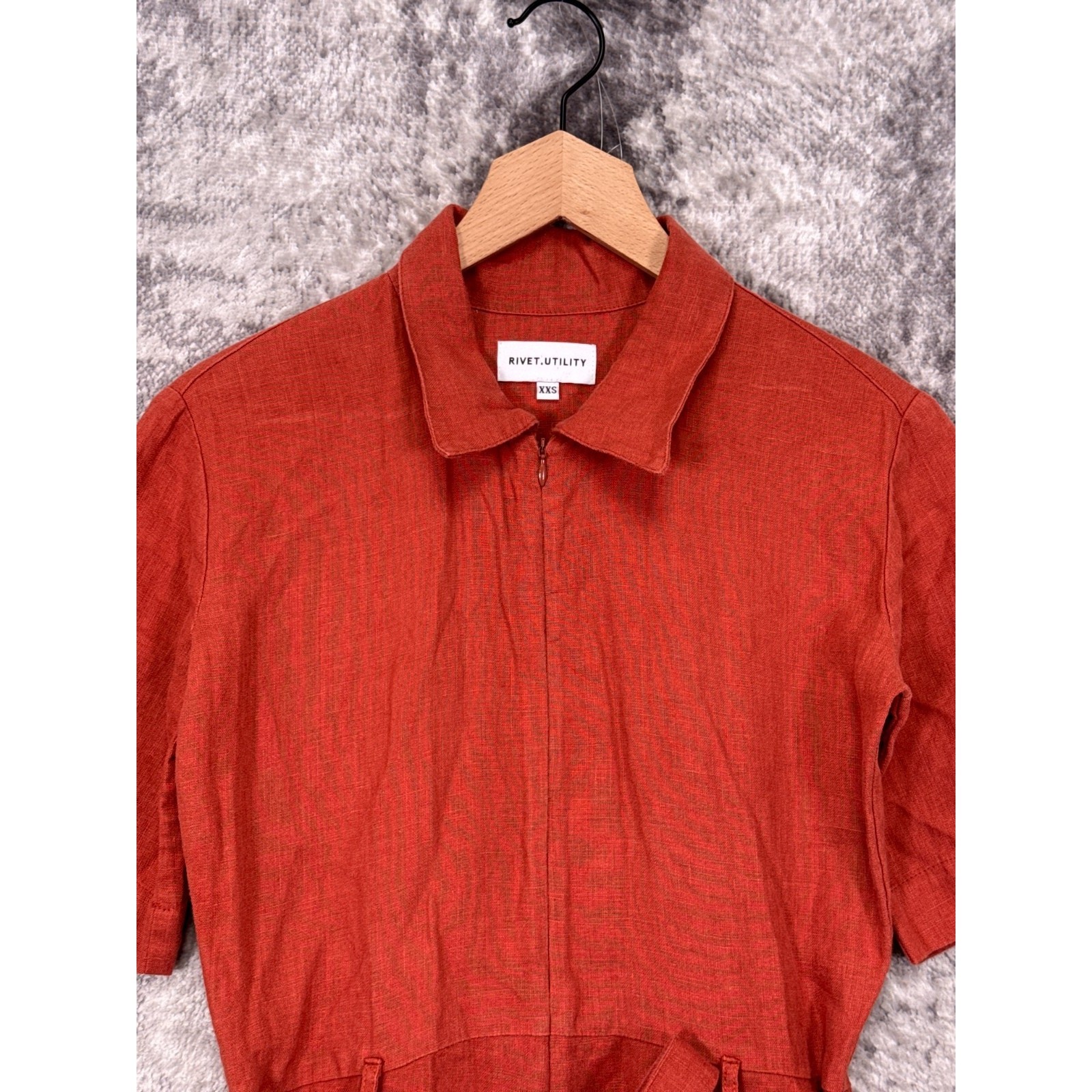 Rivet Utility Romper XXS Womens Burnt Orange Linen Zip Collared Jumpsuit