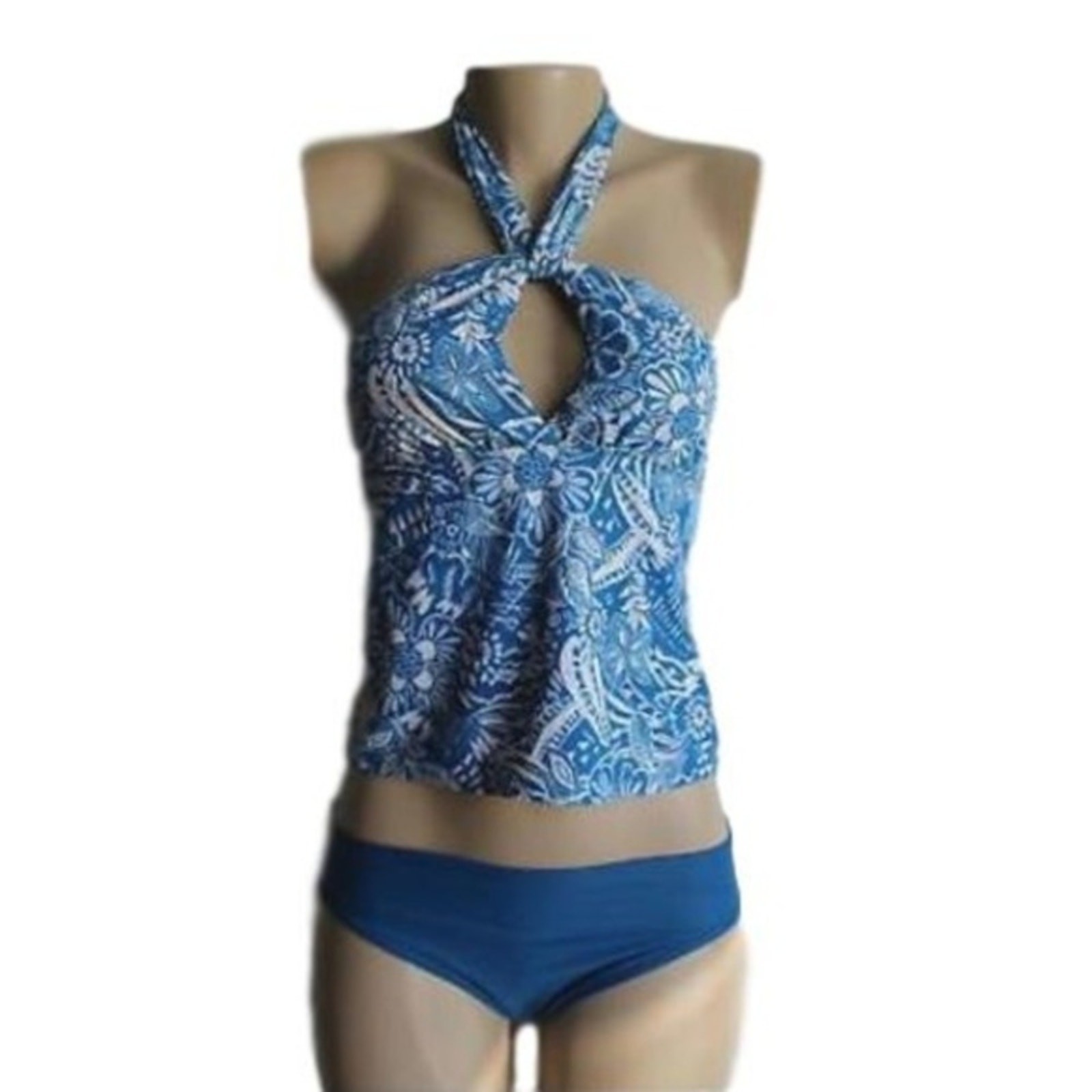 Metallic Floral Twist Cutout Halter Tankini Set Size S (4-6)