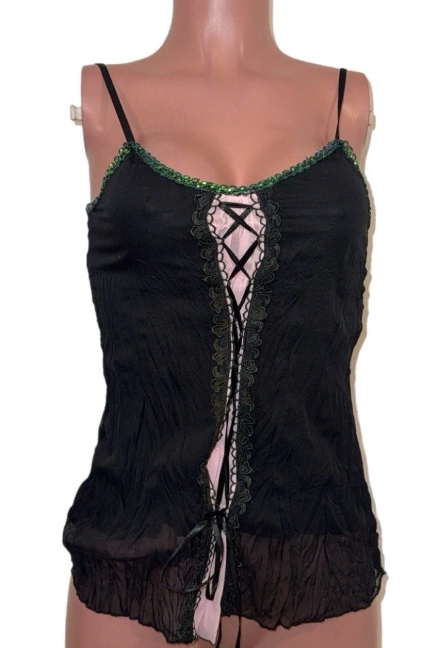 Y2K Fairycore Chiffon Lace Up Tunic Top S Black Sequins Glam 2K Deadstock W Tags