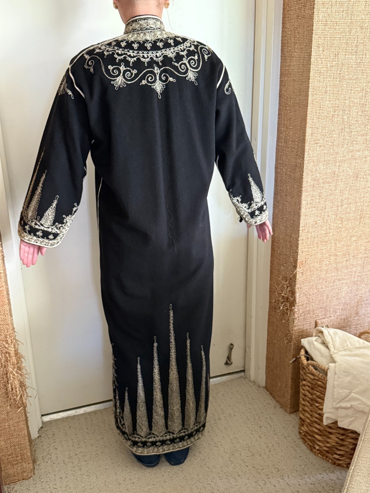 Vintage Handmade Black Wool Caftan Hand Embroidered Artisan Ceremonial Robe Maxi