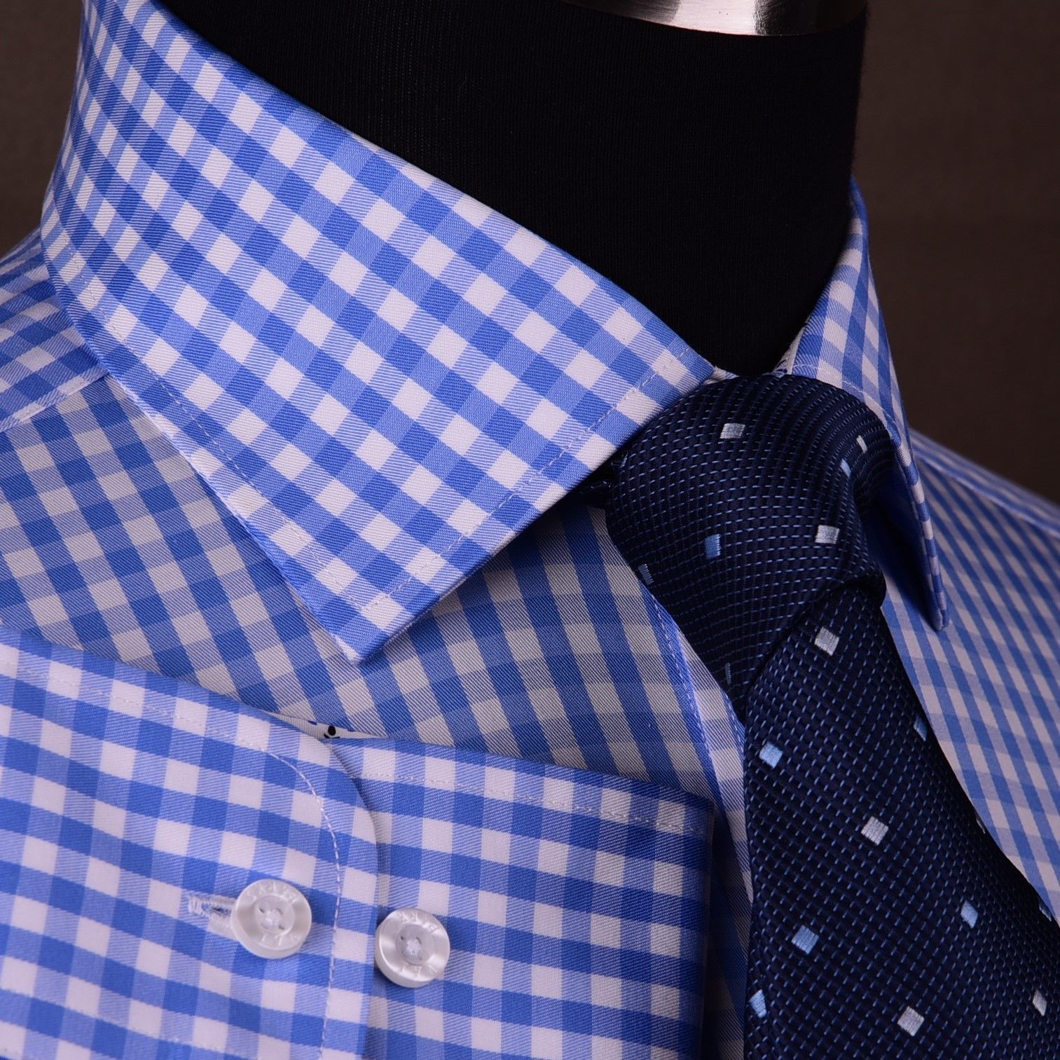 Blue Gingham Check Formal SLIM Dress Shirt Subtle Plaids Windmill inner lining