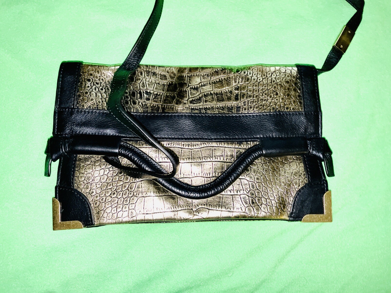 $295 FOLEY & CORINNA FRAMED FLAP GOLD CROCODILE EMBOSSED LEATHER CROSSBODY BAG