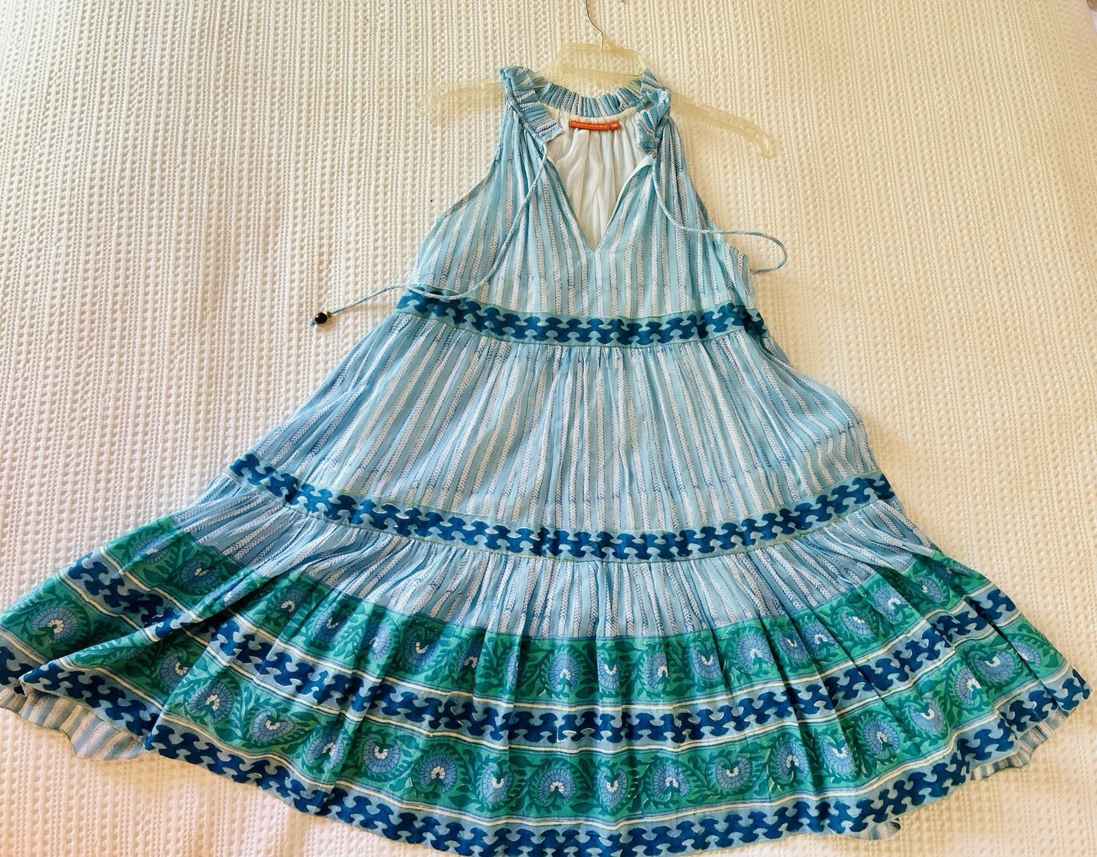 Oliphant Blue/Green Striped Halter Sleeveless Swing Dress M Cotton, lined.