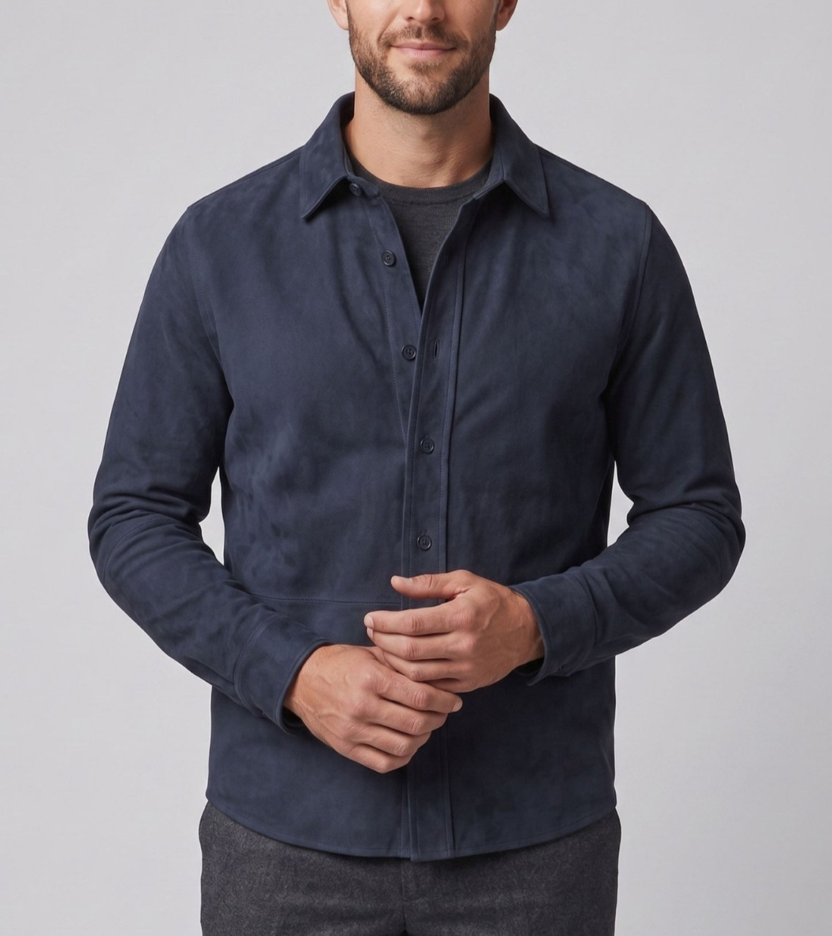 Mens Dark Blue Suede Leather Shirt Jacket Casual Shacket Slim Fit Overshirt New