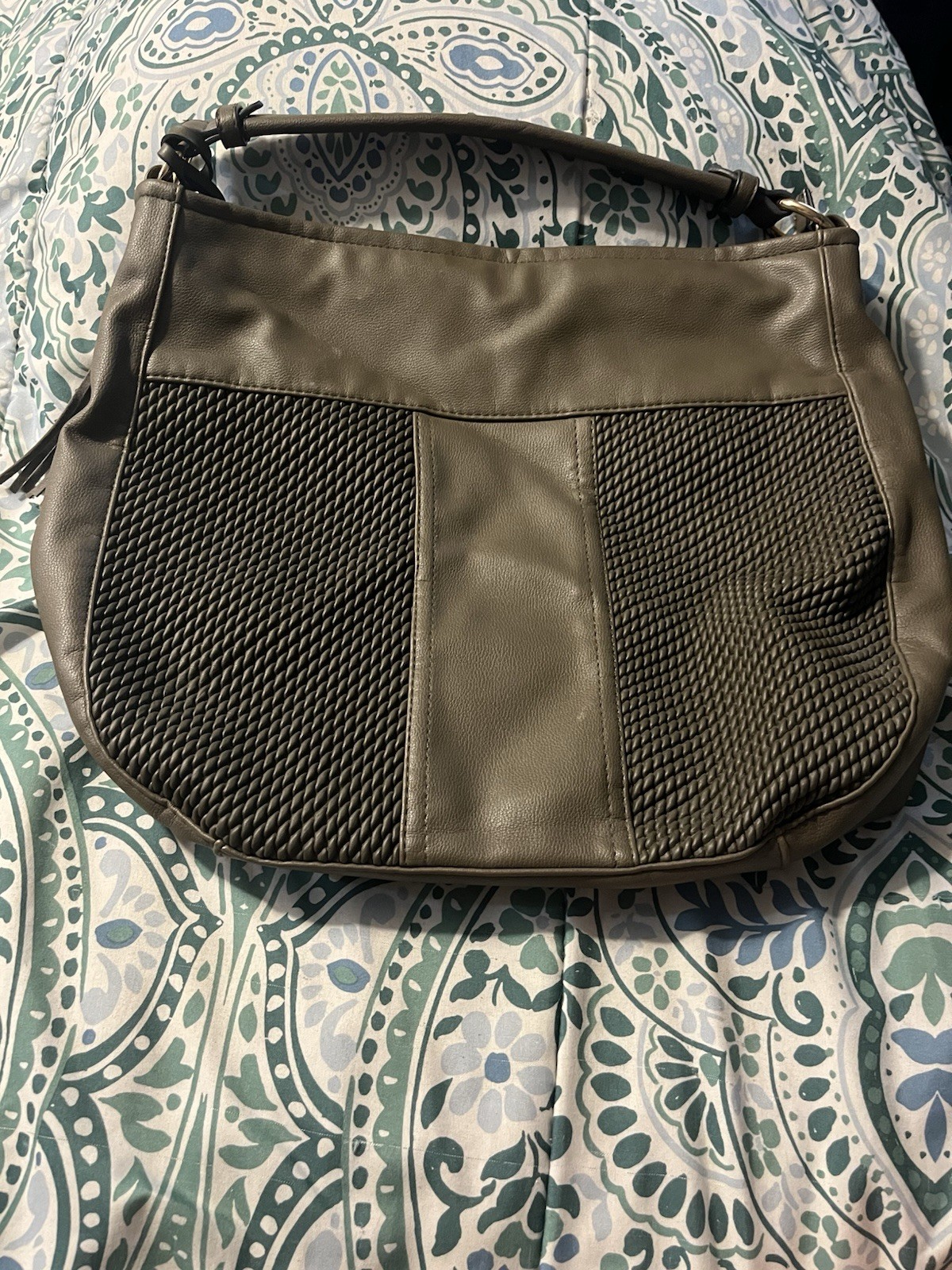 Women’s olive Large Hobo Shoulder Bag, Zip Tassel, Leopard Lined Pouch, Pockets