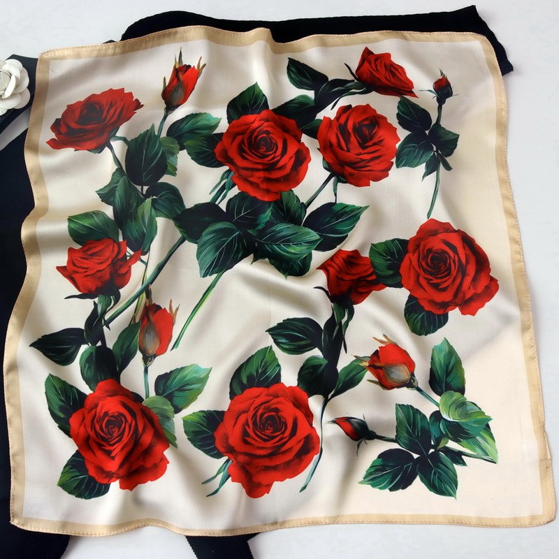100% Mulberry Silk Satin Square Scarf Red Rose Floral Print 20.9″×20.9″