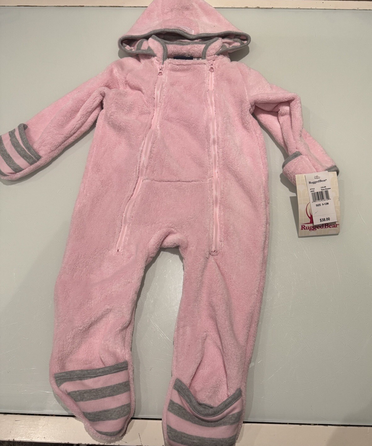 NWT Rugged Bear Hooded Sherpa Coverall, Size 9-12 months, pink foam $38.00