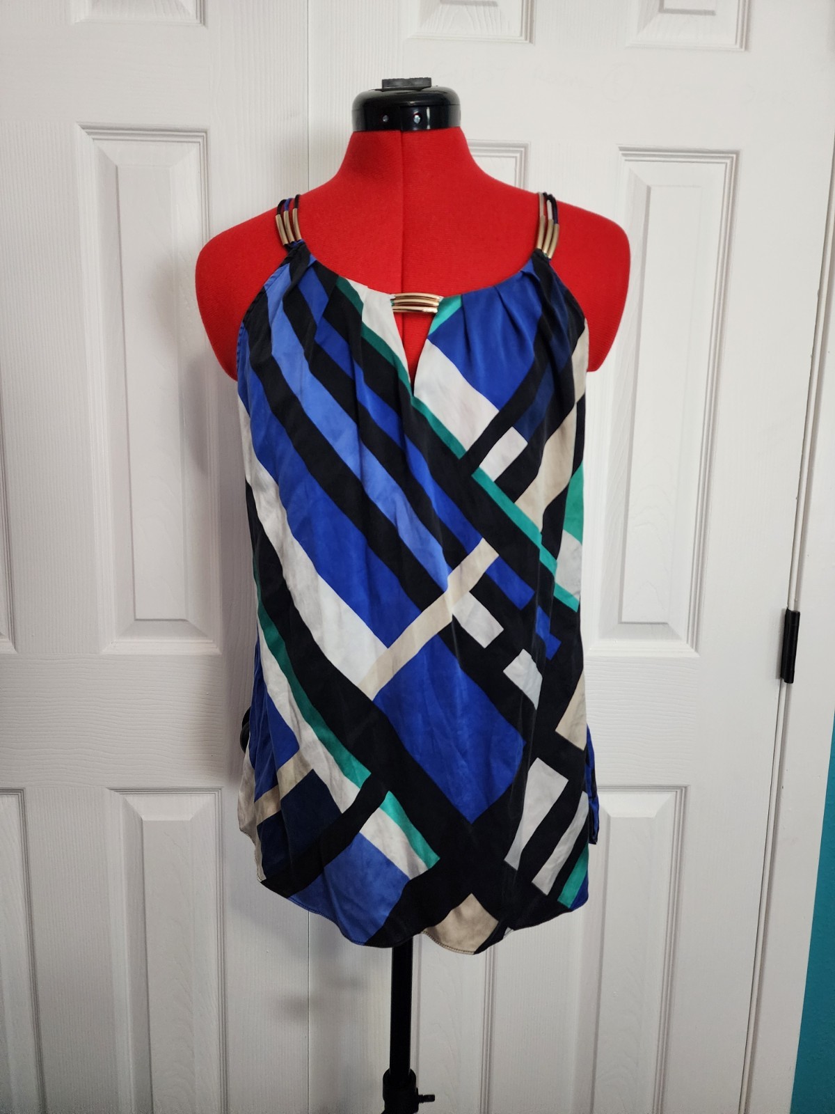 White House Black Market Silk-Spandex Stretch Halter Top Geometric Size 10