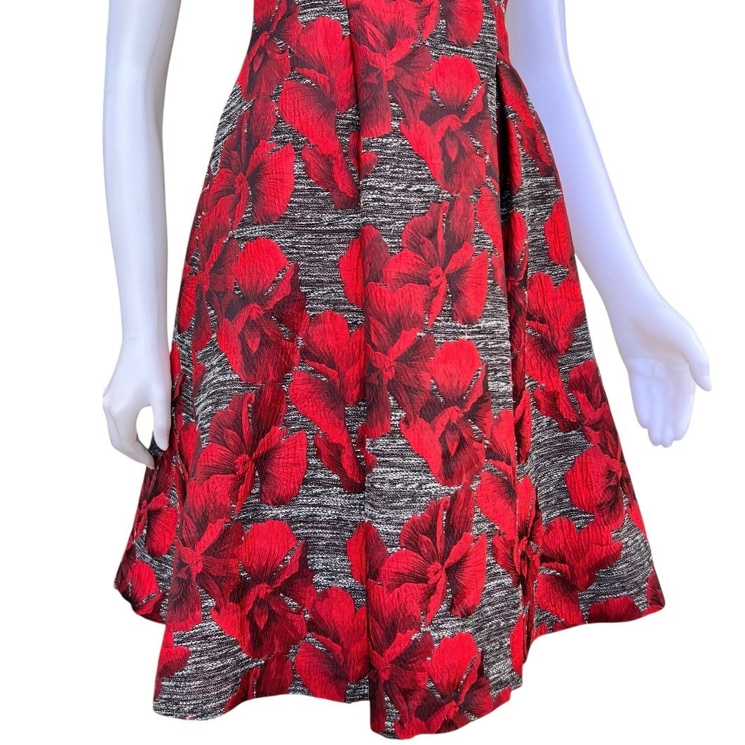 Adrianna Papell Floral Jacquard Fit & Flare Dress Red Black V-Back Old Money 4