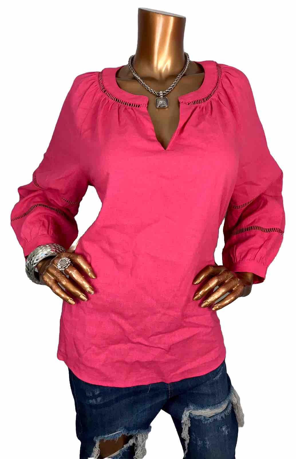Anne Klein M Top NWT $89 Linen Blouse Pink Crochet Low V Cut Sexy Shirt 3/4 Slvs