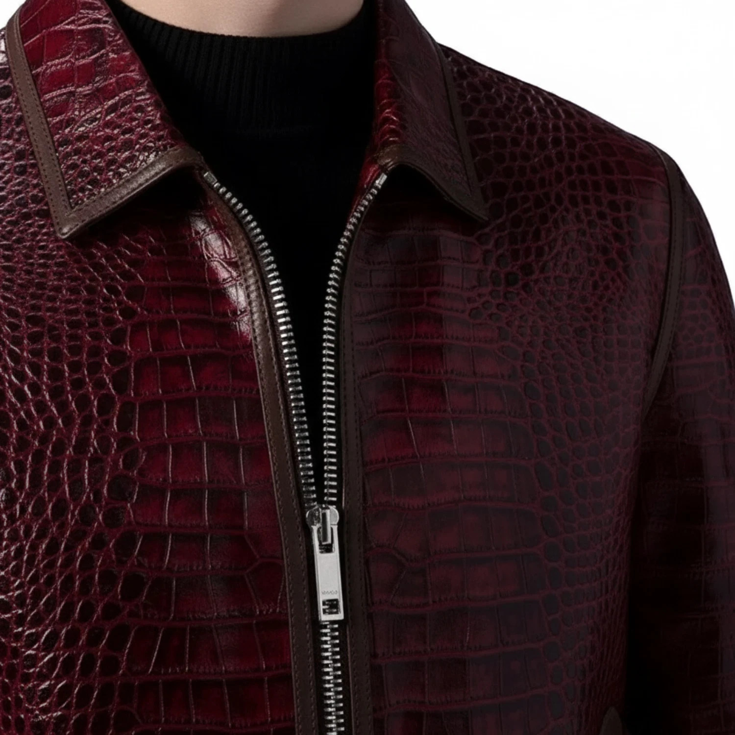Men’s Burgundy Crocodile Embossed Leather Jacket Luxury Exotic Zip Biker Coat