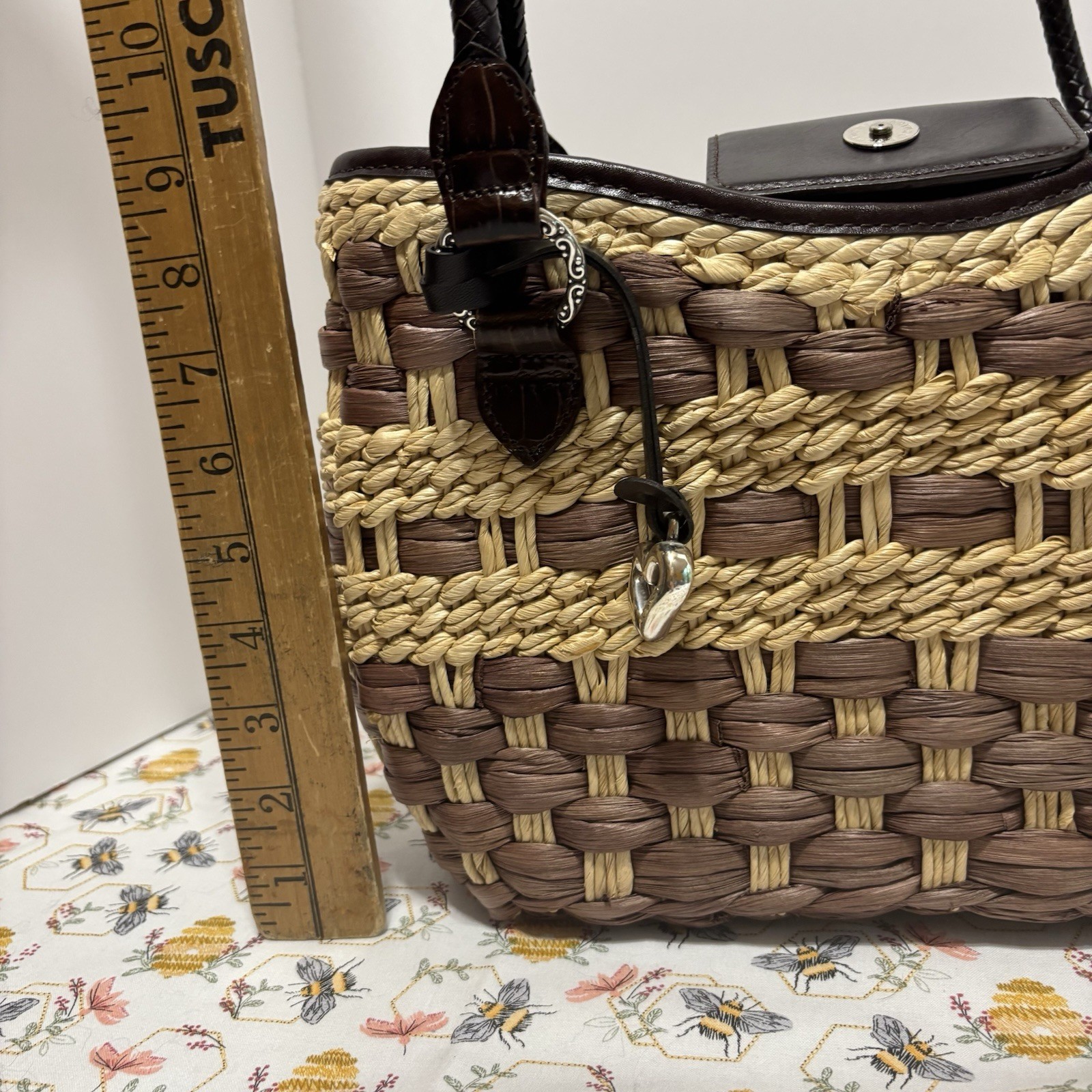 Brighton Brown Beige Woven Tote Bag Heart Charm Magnetic Closure Lined Pockets