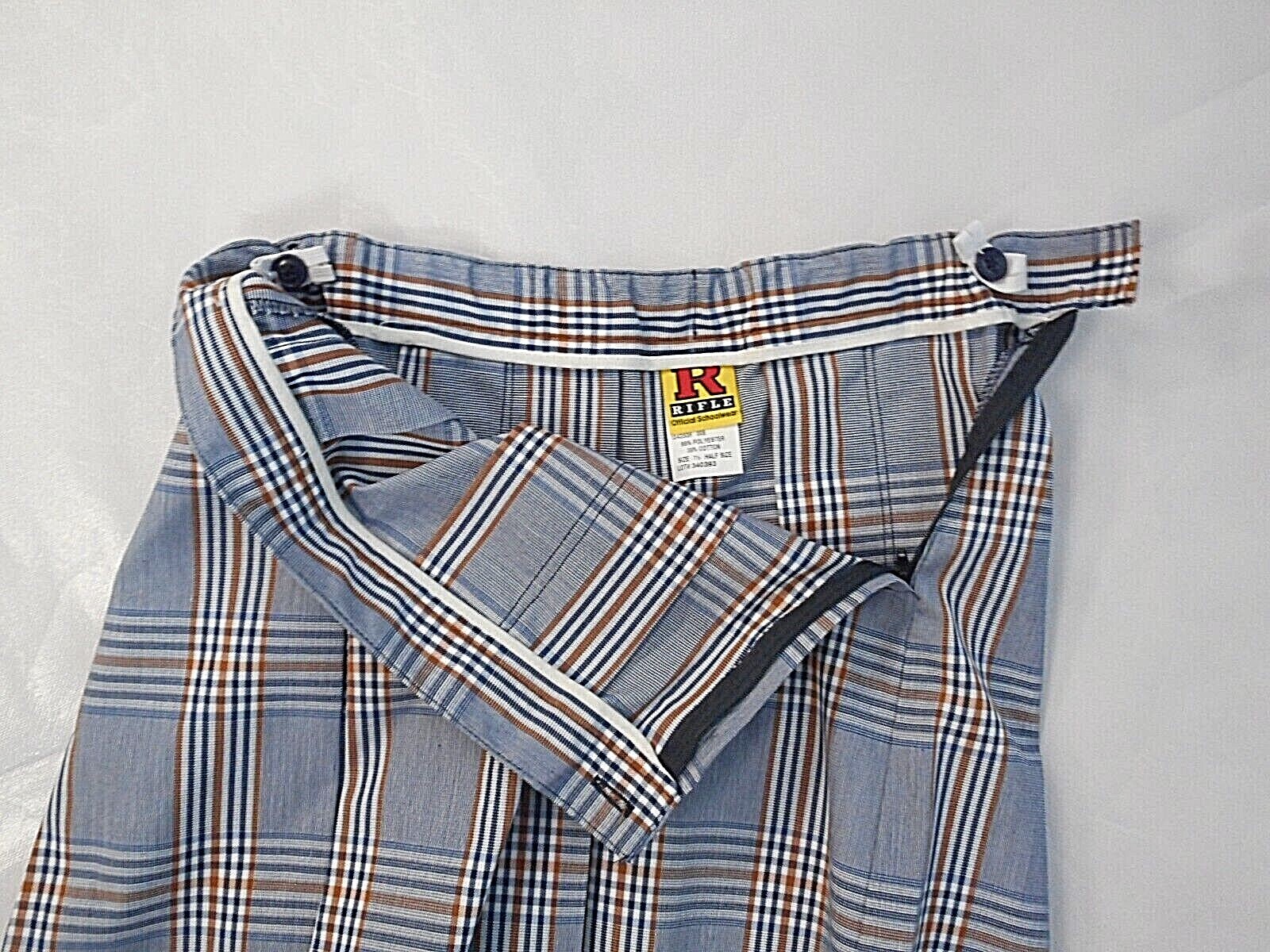 Girls R/K Lt. Blue White & Orange Plaid Box Pleat Uniform Skirt Sz 71/2 – 161/2