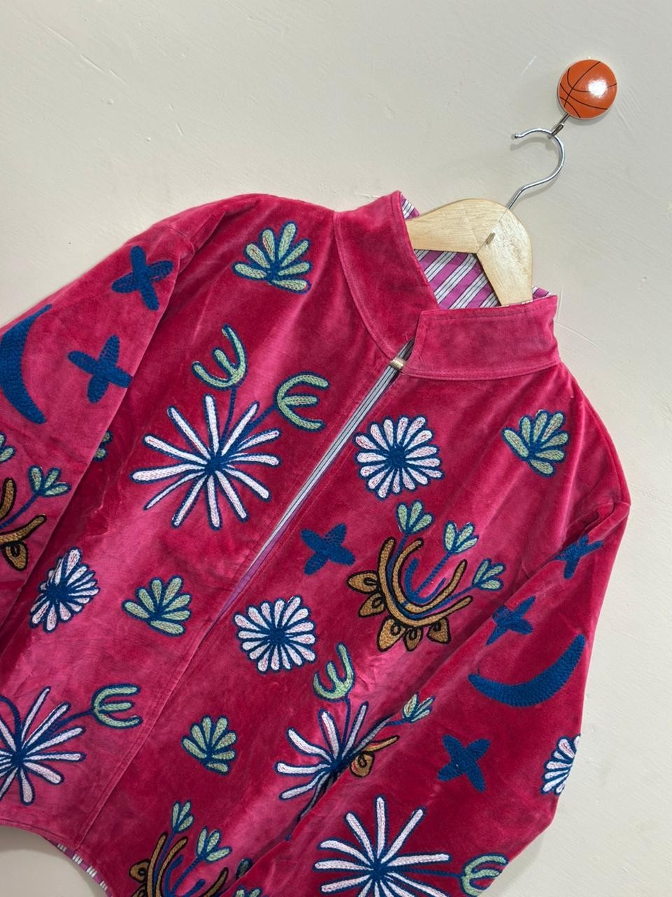 Pink Floral Velvet Suzani Jacket Handmade Embroidered Festival Fashionable Coat