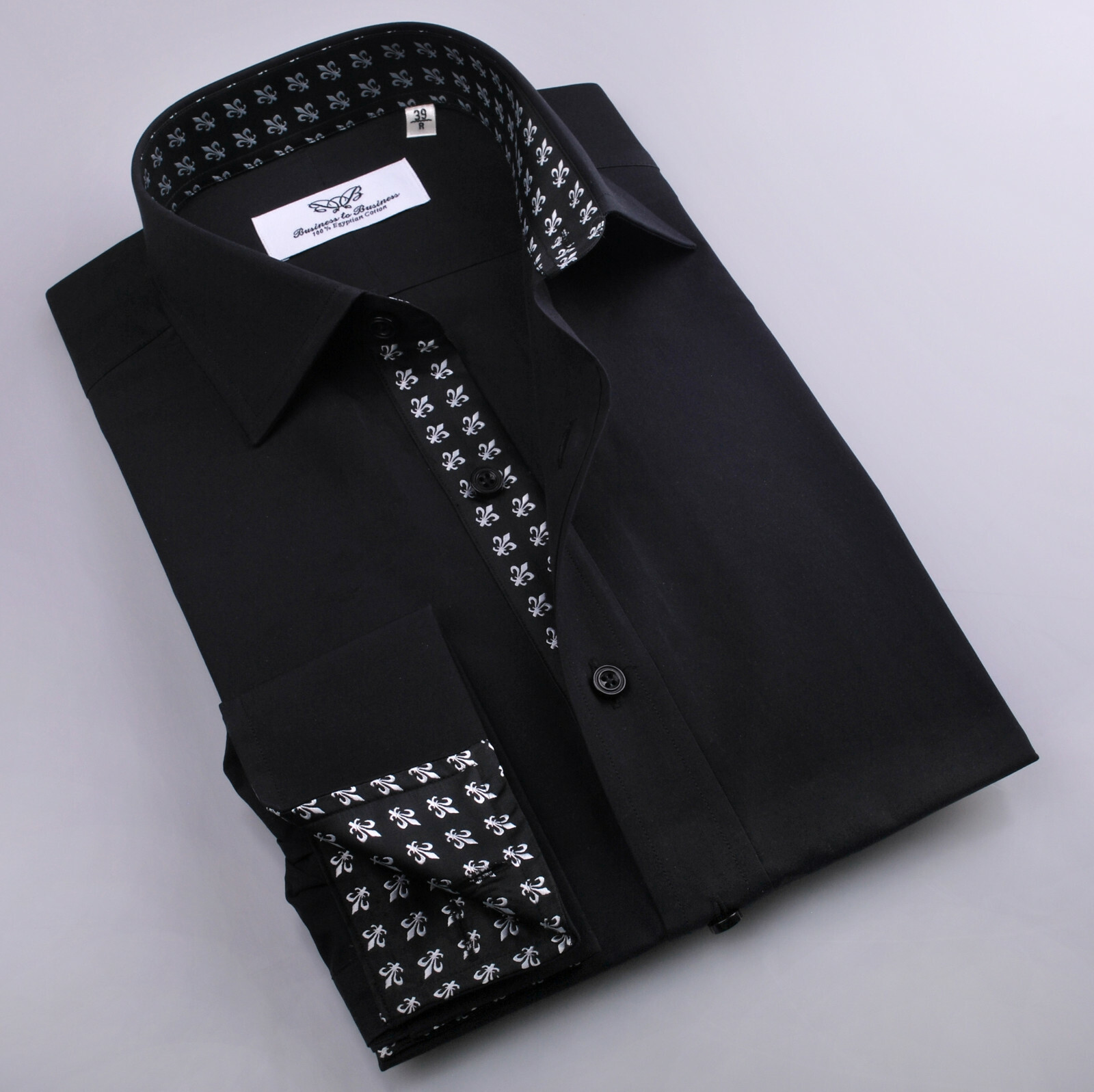 Sexy Pure Black Poplin Formal Dinner Event Dress Shirt Fluer-De-Lis Inner Lining