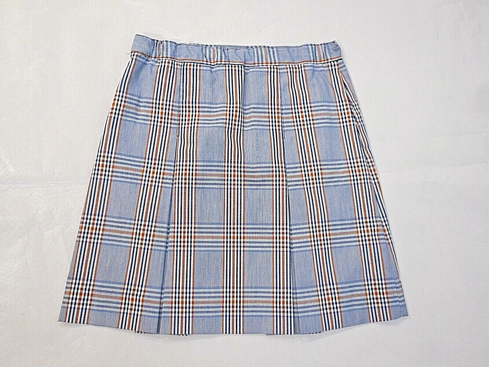 Girls R/K Lt. Blue White & Orange Plaid Box Pleat Uniform Skirt Sz 71/2 – 161/2