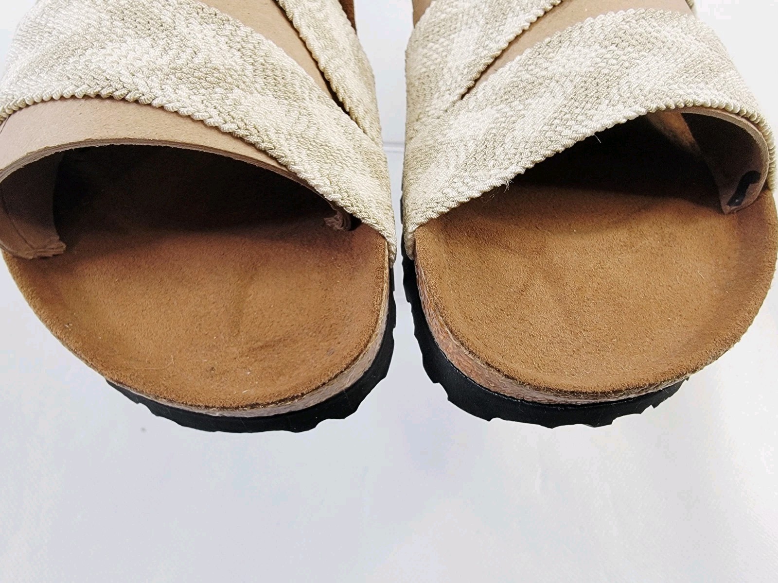 Birkenstock Birkis EU 41 / US 10 Triple Strap Stretch Cotton Plaid Beige & White