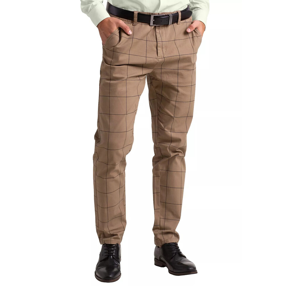 Mens Slim Fit Check Cotton Formal Smart Office Work Pants Professional Style