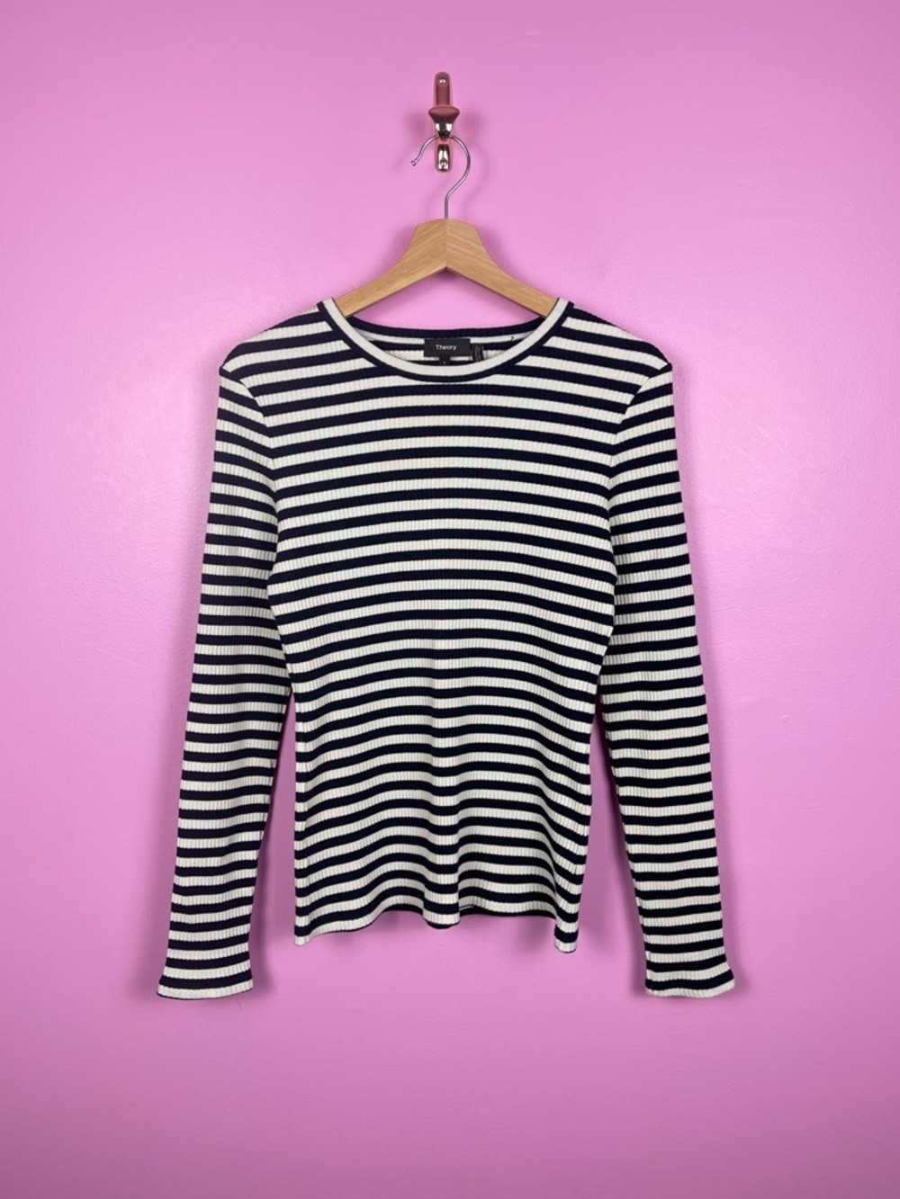 Theory Tiny Striped Ribbed Knit Long Sleeve Tee Black White Women’s Large