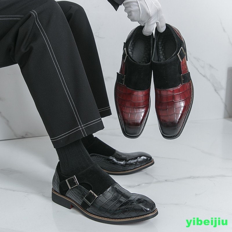 Men’s Vintage Crack Alligator Crocodile Pattern Monk Strap Oxfords Leather Shoes