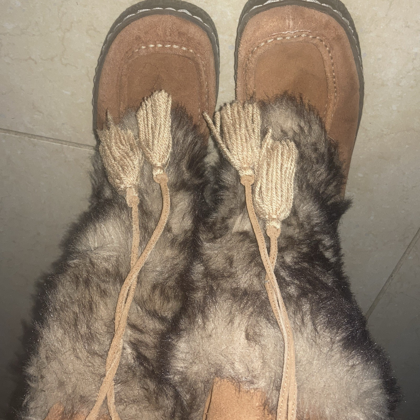 BareTraps Women’s Brown Suede Faux Fur Tassel Mid-Calf Lined Slip-On Boots 7