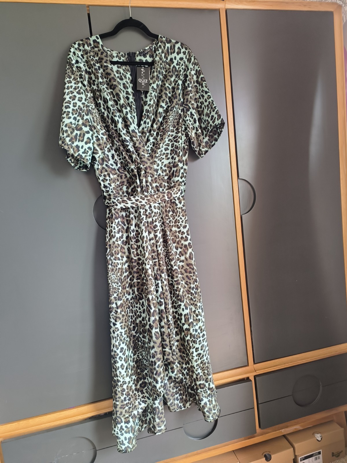 Quiz Green Satin Leopard Print Long Dress UK Size 24 New with Tags