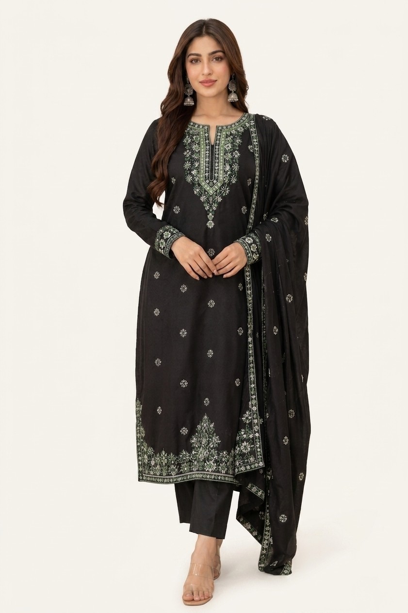 Women’s Black Embroidered Suit Pakistani Ethnic – Standard Size
