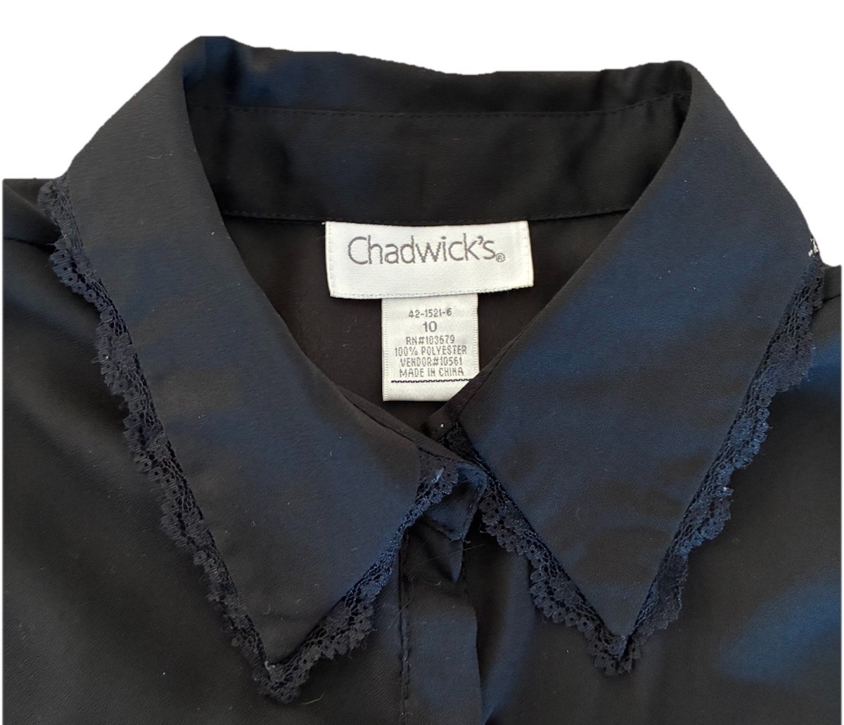 Vintage Chadwick’s Blouse Black Women’s 10 Black Lace Trim Collar 80s 90s