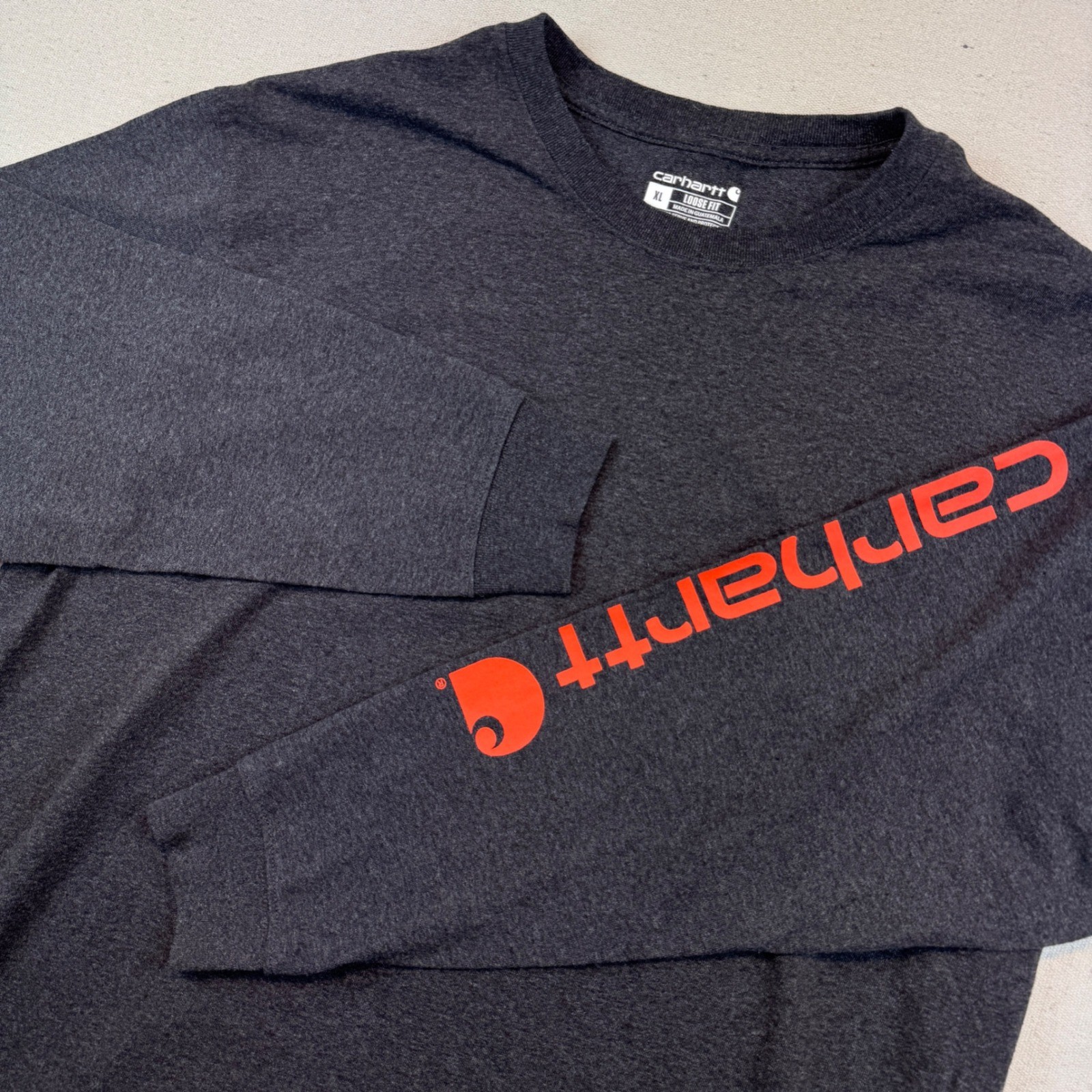 Carhartt Mens XL Loose Fit Long Sleeve T-Shirt Charcoal Grey Orange Sleeve Logo