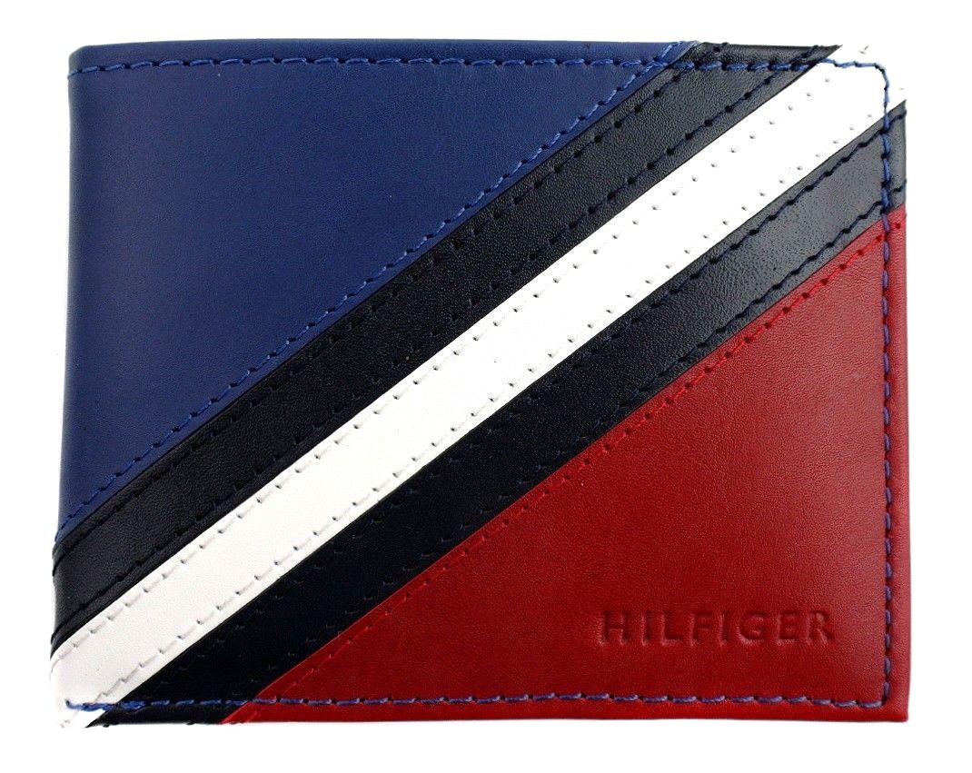 Tommy Hilfiger Men’s Leather Wallet Passcase Billfold Red Navy 31TL22X051