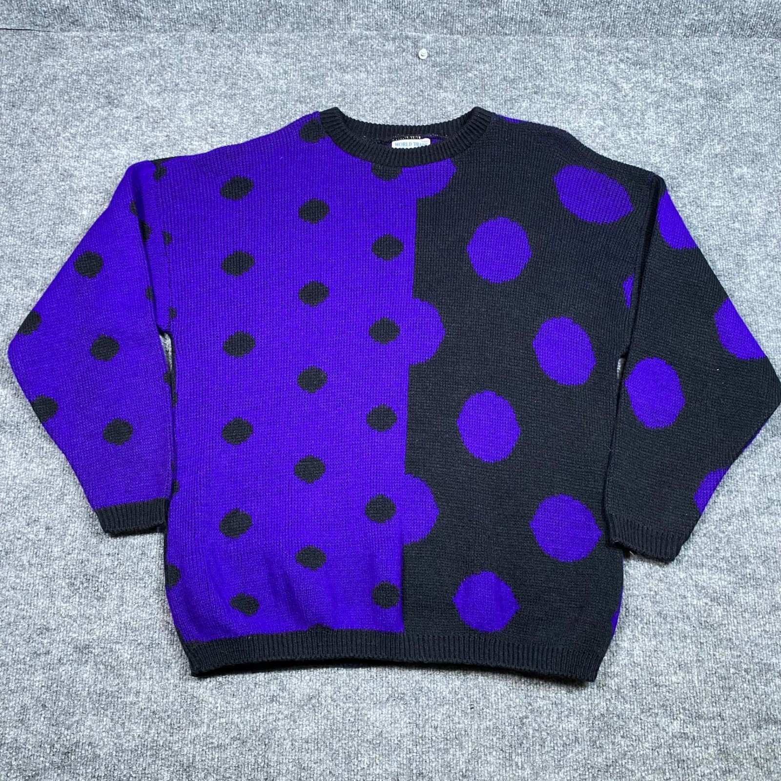 Vintage World Trade Knits Purple Black Polka Dot Colorblock Sweater Mens Large