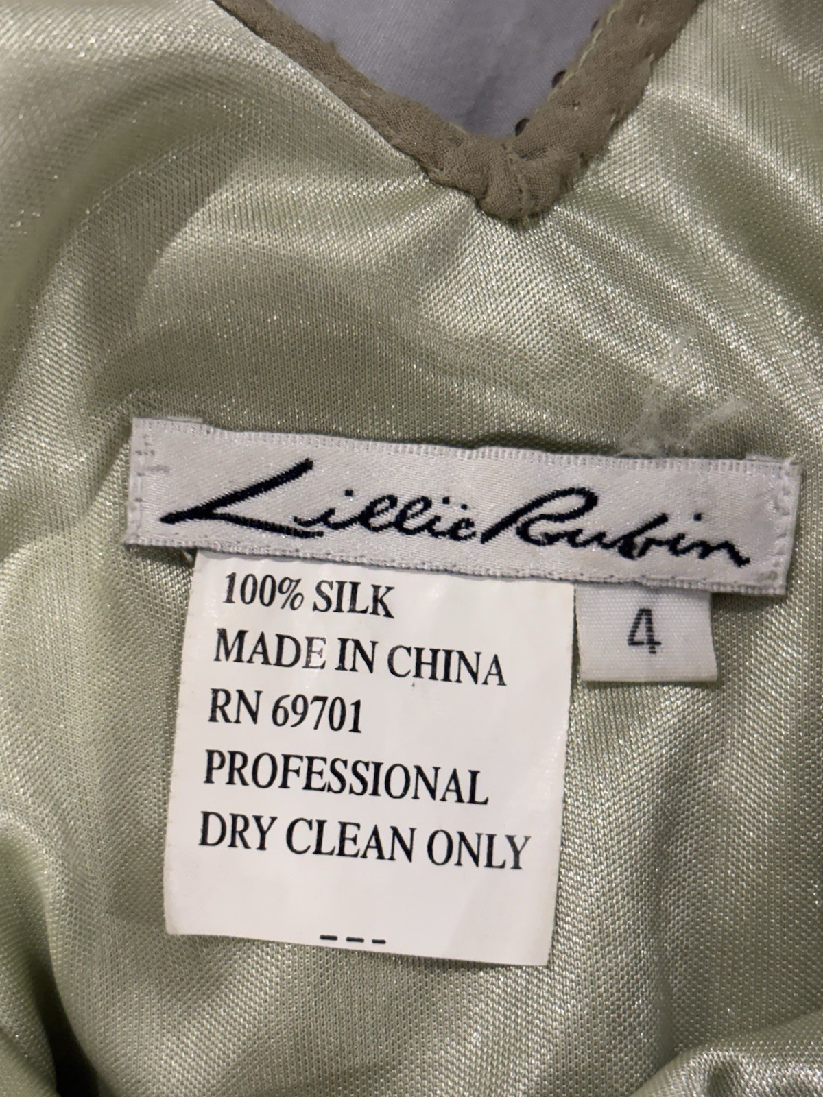 Lillie Rubin 100% Silk Green Beaded Floral Embroidered Dress Size 4 & Scarf