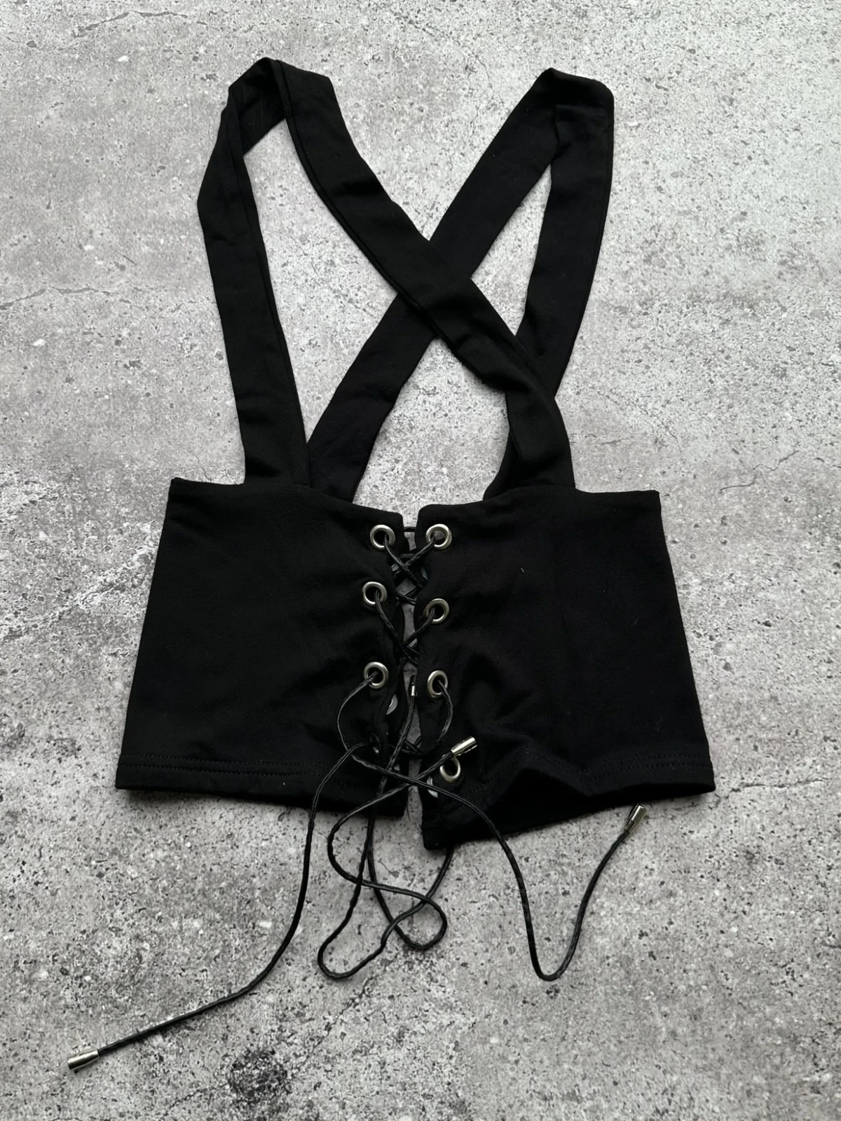 Y2K Black Lace Up Bustier Crop Top Women’s Strappy Stretch Clubwear Vintage